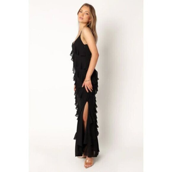 PETAL & PUP Ciao Ruffle Chiffon Gown in Black Size Large - Picture 2 of 14